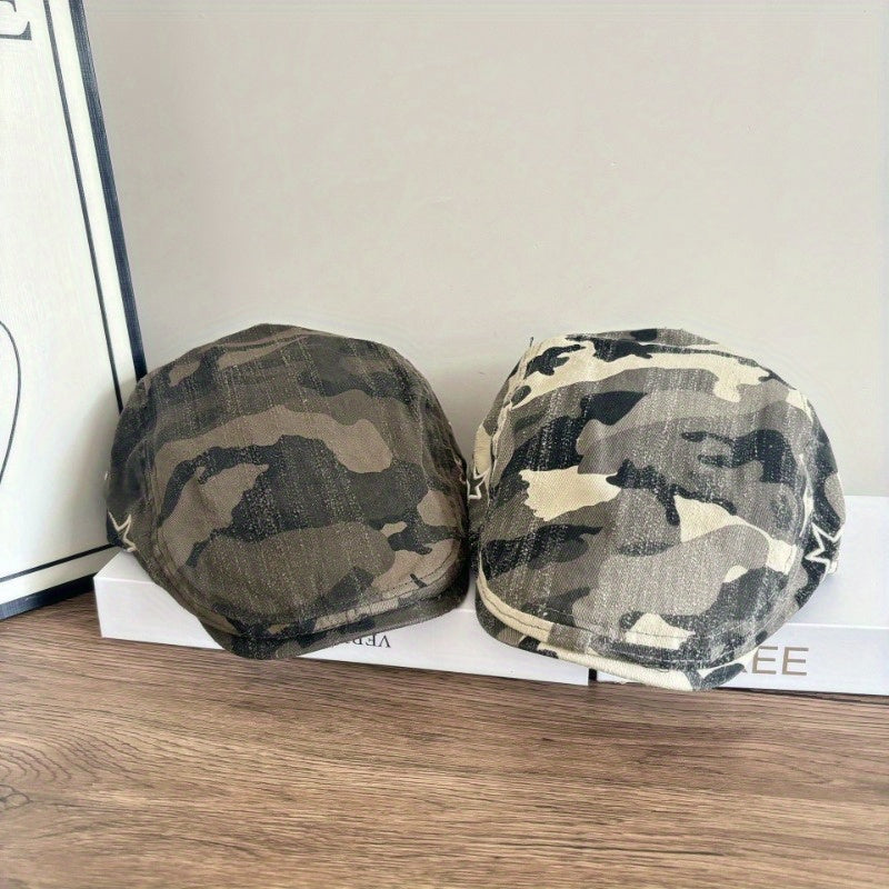 Women's Retro Camouflage Star Artistic Painter Beret Hat - Wide Brim, Breathable Spring Summer Face-Flattering Design, Non-Elastic Casual Outdoor Hat, Cute Ladies Hats, Stylish, Textured Fabric