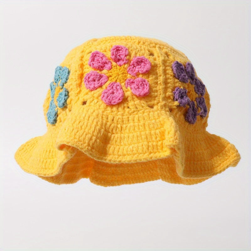 Women'S Retro Hollowed-Out Flower Basin Hat - Hand Bucket Hat with Colorful Embroidery, Jacquard Weave for Beach & Outdoor Activities, Beach Hat