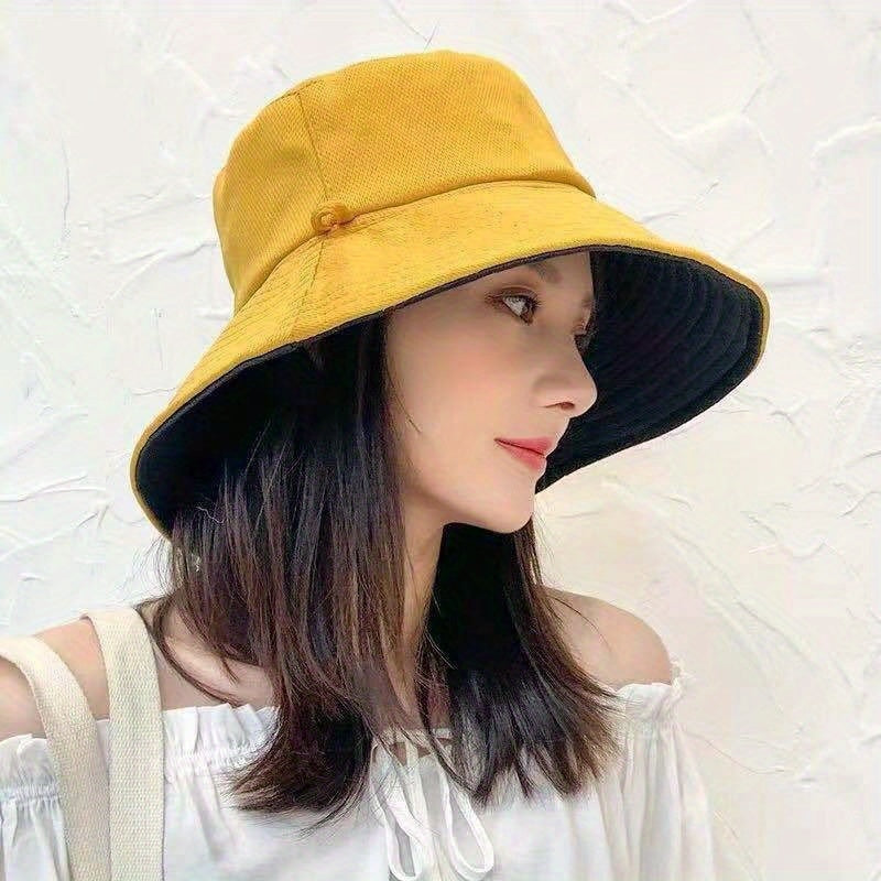 Women's Double-Sided Bucket Hat - Wide Brim, Navy & Beige Two-Tone, Adjustable Chin Strap, Lightweight for Spring\u002FSummer Outdoor Travel & Casual Outings, Hat for, Spring Fashion Accessory, Twotone Design, Comfortable Fit, Summer Fashion Lovers