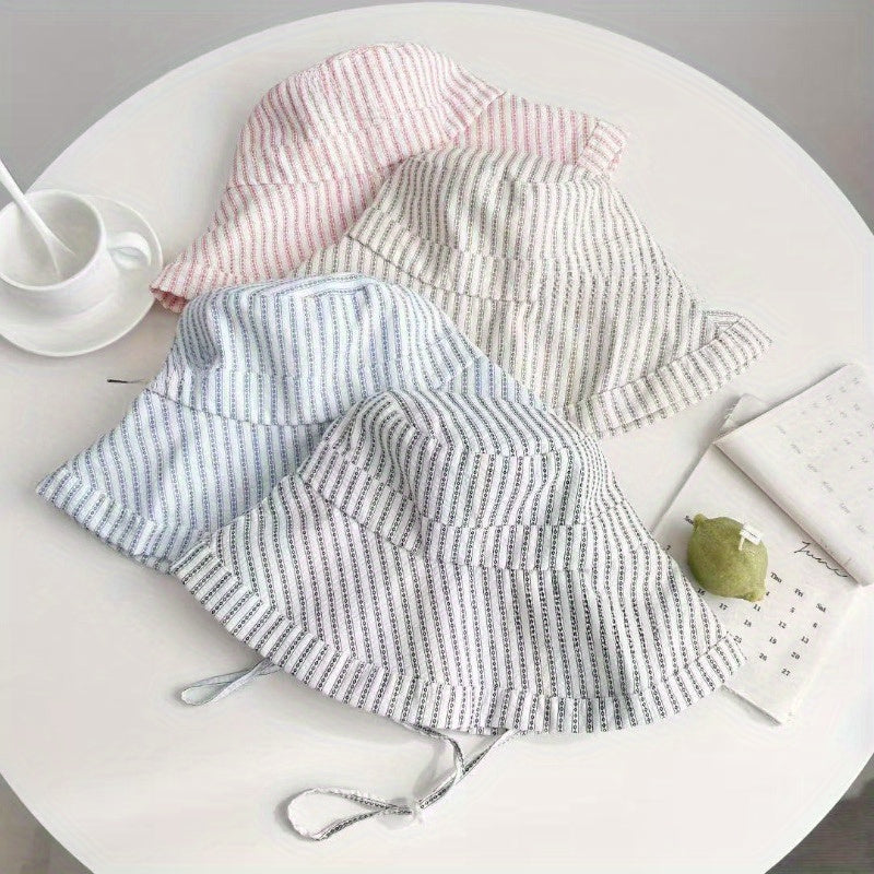 Women's Wide Brim Striped Bucket Hat with Adjustable Neck Strap - Summer Sun Hat for Beach, Outdoor & Casual Outings - Pink & White Stripes, Breathable Non-Stretch Fabric, Beachwear Essential, Fashionable