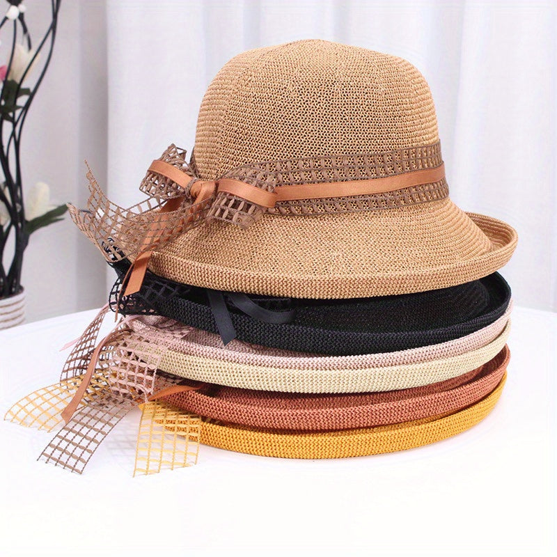 Women's Wide Brim Summer Sun Visor Hat - Breathable Fisherman-Style Straw Hat with Rolled Edge & Brown Ribbon Bow, for Outdoor Travel, Beach, Casual Outings - Elegant Fashionable Design, Beach Hat, Stylish, Construction