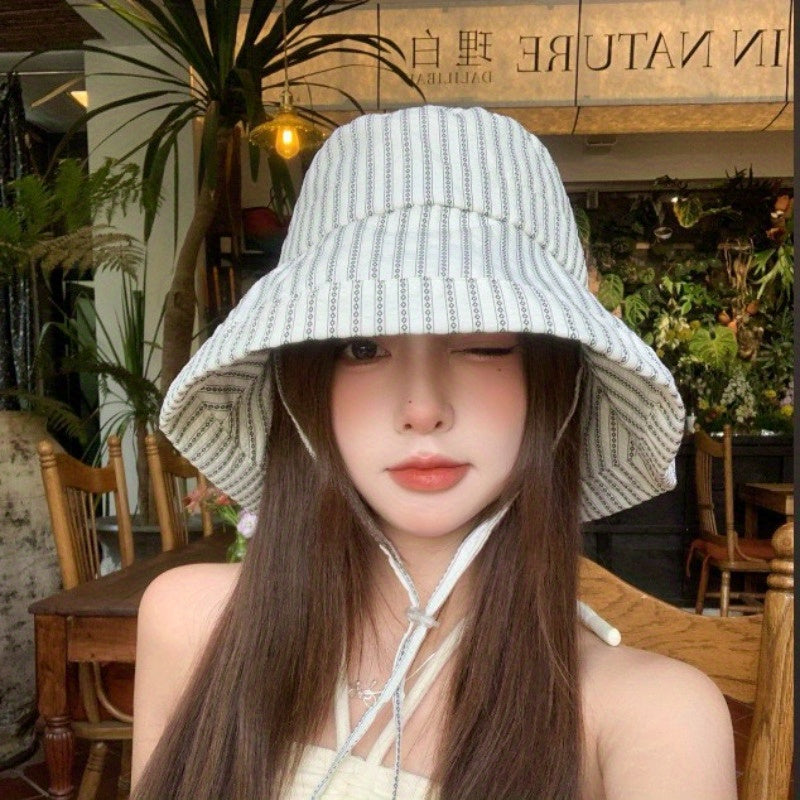 Women's Wide Brim Striped Bucket Hat with Adjustable Neck Strap - Summer Sun Hat for Beach, Outdoor & Casual Outings - Pink & White Stripes, Breathable Non-Stretch Fabric, Beachwear Essential, Fashionable