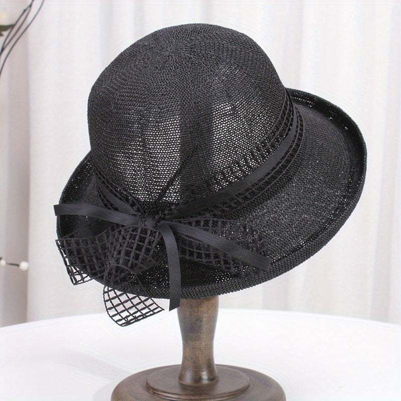 Women's Wide Brim Summer Sun Visor Hat - Breathable Fisherman-Style Straw Hat with Rolled Edge & Brown Ribbon Bow, for Outdoor Travel, Beach, Casual Outings - Elegant Fashionable Design, Beach Hat, Stylish, Construction