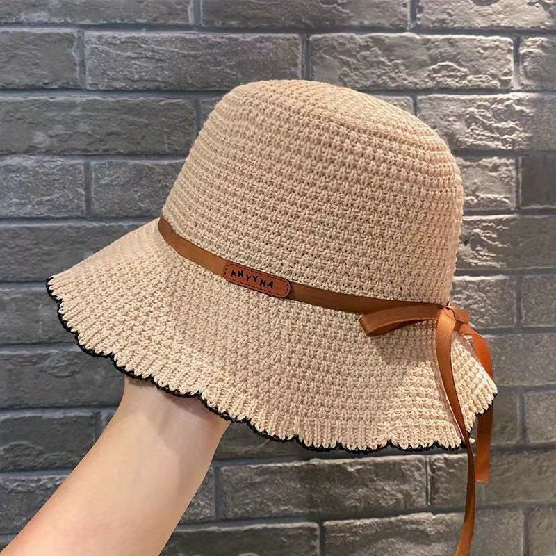 Women's Summer Sun Hat - Wide Brim Fisherman Hat with Design, Foldable & Portable with Sturdy Black Strap & Bow Detail for Beach, Outdoor Activities