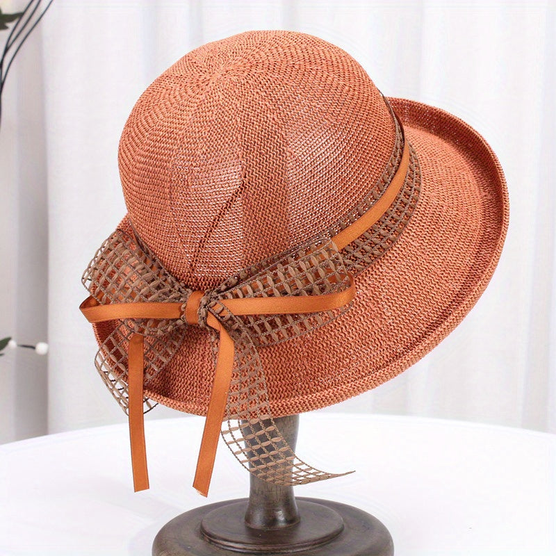 Women's Wide Brim Summer Sun Visor Hat - Breathable Fisherman-Style Straw Hat with Rolled Edge & Brown Ribbon Bow, for Outdoor Travel, Beach, Casual Outings - Elegant Fashionable Design, Beach Hat, Stylish, Construction