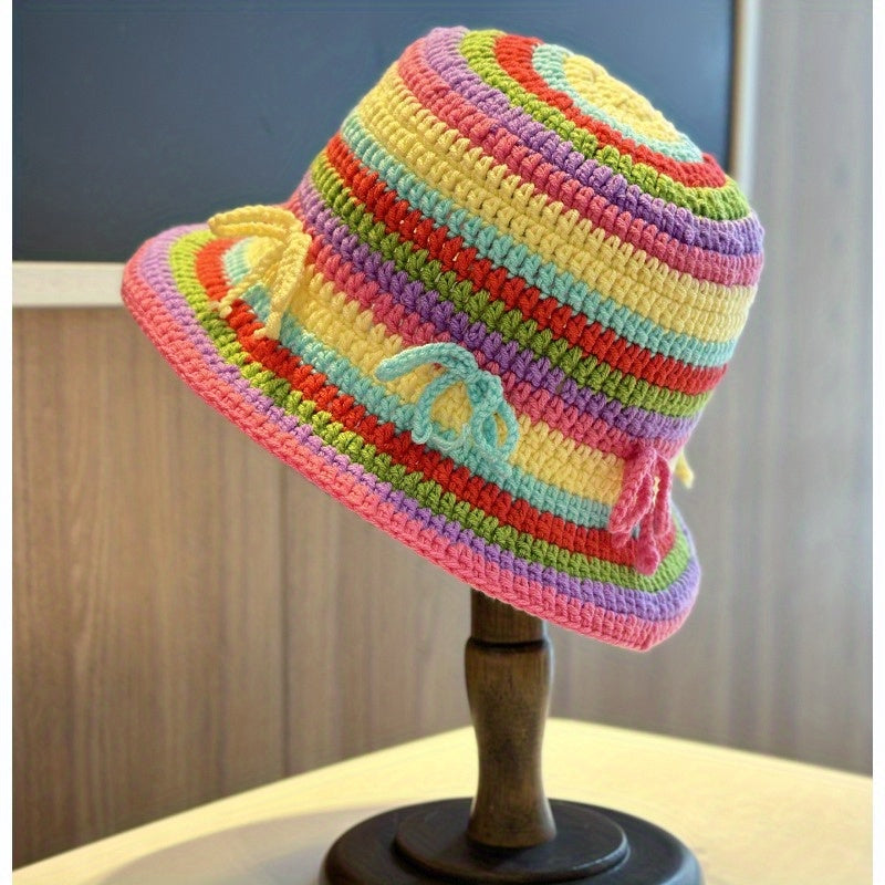 Women's Pastel Rainbow Stripe Hat - Wide brim Fisherman Bucket Hat, Non-Stretch for Beach, Parties, Everyday - Face-Flattering Basin Design, Casual Outfit, Playful Style, Breathable Fabric, Stylish Headwear, Fashion Lovers