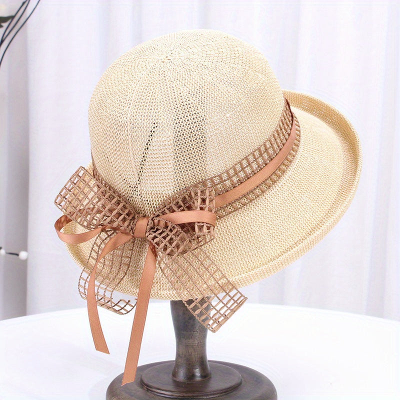 Women's Wide Brim Summer Sun Visor Hat - Breathable Fisherman-Style Straw Hat with Rolled Edge & Brown Ribbon Bow, for Outdoor Travel, Beach, Casual Outings - Elegant Fashionable Design, Beach Hat, Stylish, Construction