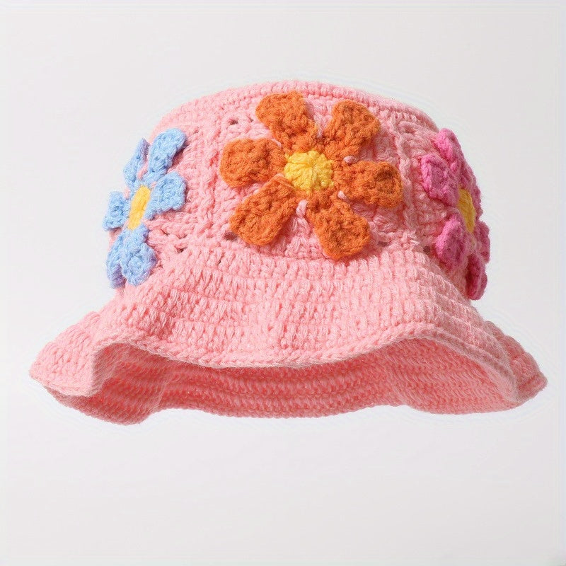 Women'S Retro Hollowed-Out Flower Basin Hat - Hand Bucket Hat with Colorful Embroidery, Jacquard Weave for Beach & Outdoor Activities, Beach Hat