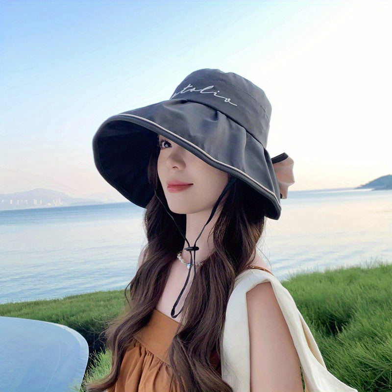 Women's Summer Wide Brim Sun Hat - Black Rubber Fisherman Hat with Split Bow Detail, Age-Reducing Sunshade for Outdoor Beach & Travel, Fashionable Non-Stretch Design, Beach Hat, Travel Accessory, Elegant Design, Breathable Fabric, Fashionconscious Women