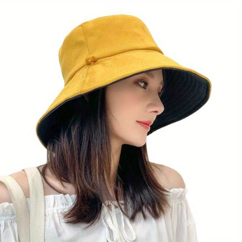 Women's Double-Sided Bucket Hat - Wide Brim, Navy & Beige Two-Tone, Adjustable Chin Strap, Lightweight for Spring\u002FSummer Outdoor Travel & Casual Outings, Hat for, Spring Fashion Accessory, Twotone Design, Comfortable Fit, Summer Fashion Lovers