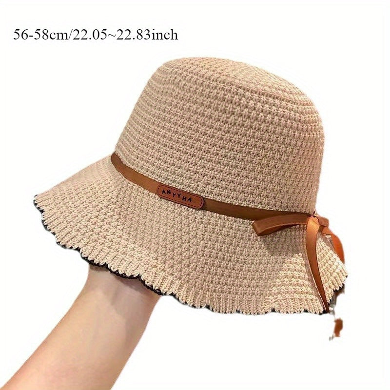 Women's Summer Sun Hat - Wide Brim Fisherman Hat with Design, Foldable & Portable with Sturdy Black Strap & Bow Detail for Beach, Outdoor Activities