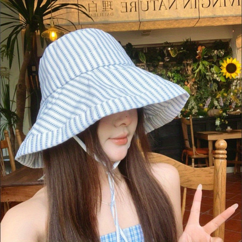 Women's Wide Brim Striped Bucket Hat with Adjustable Neck Strap - Summer Sun Hat for Beach, Outdoor & Casual Outings - Pink & White Stripes, Breathable Non-Stretch Fabric, Beachwear Essential, Fashionable