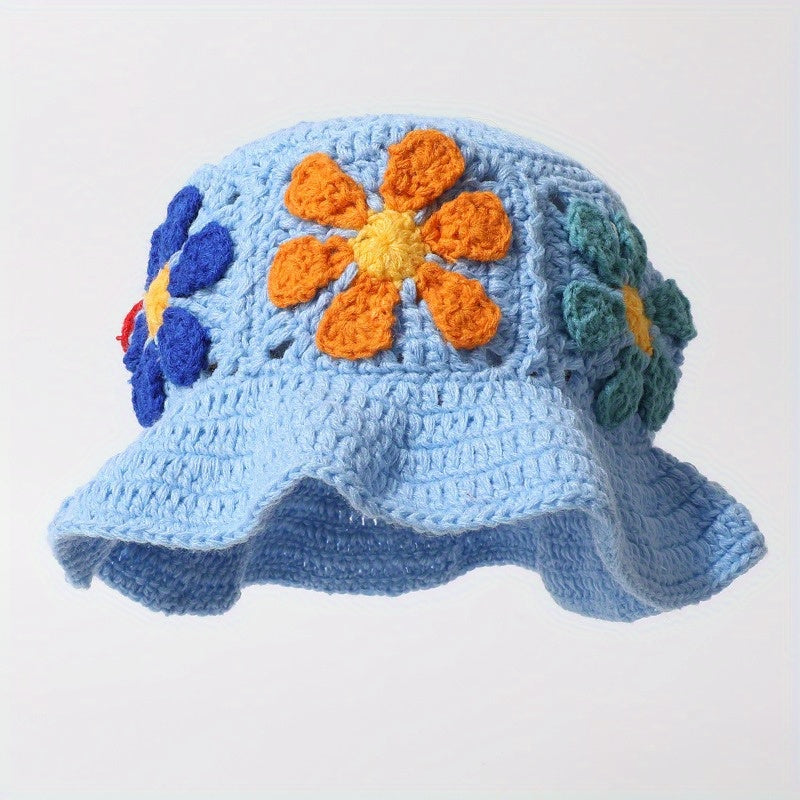 Women'S Retro Hollowed-Out Flower Basin Hat - Hand Bucket Hat with Colorful Embroidery, Jacquard Weave for Beach & Outdoor Activities, Beach Hat