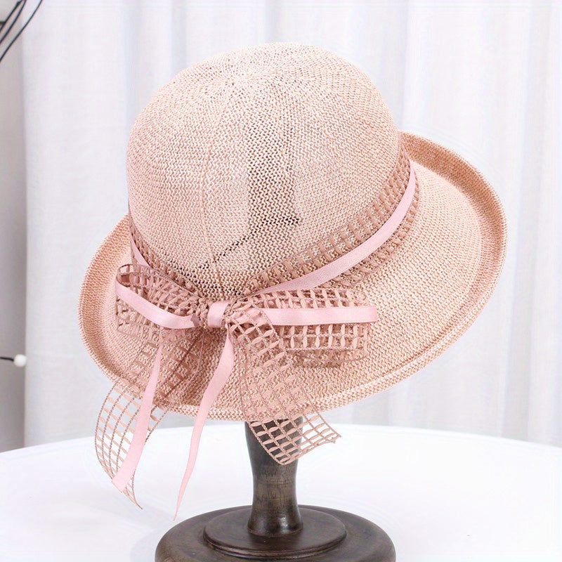 Women's Wide Brim Summer Sun Visor Hat - Breathable Fisherman-Style Straw Hat with Rolled Edge & Brown Ribbon Bow, for Outdoor Travel, Beach, Casual Outings - Elegant Fashionable Design, Beach Hat, Stylish, Construction