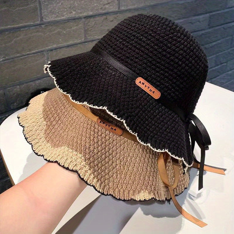 Women's Summer Sun Hat - Wide Brim Fisherman Hat with Design, Foldable & Portable with Sturdy Black Strap & Bow Detail for Beach, Outdoor Activities