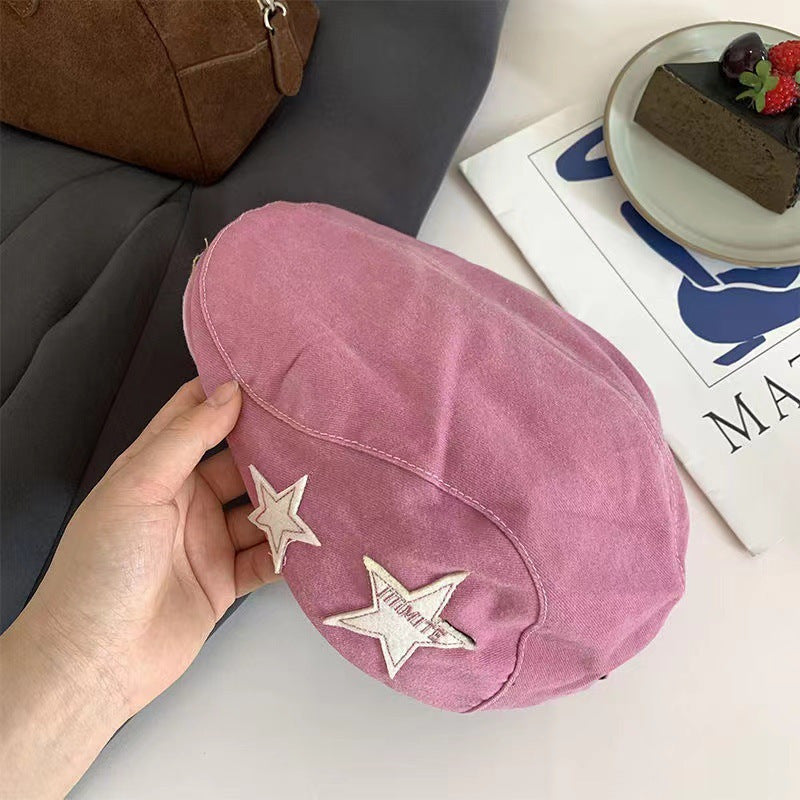 Women's Vintage Beret Hat - Soft Pink with Star Decorations, Non-Stretch beret, Winter Hat for Everyday & Formal Outfits - Chic Painter's Cap for Women, Casual, Stars, Structured Headwear