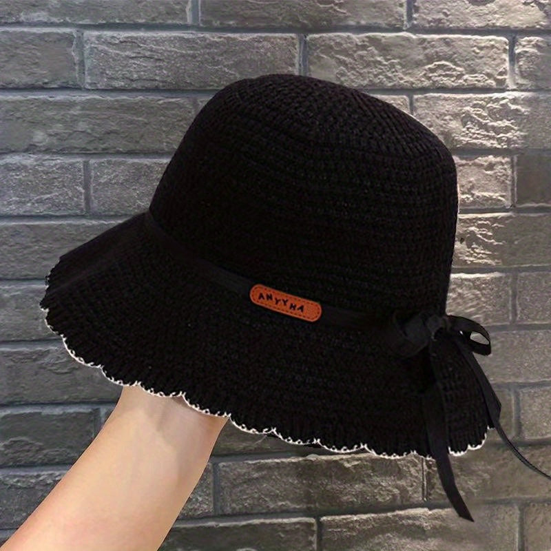 Women's Summer Sun Hat - Wide Brim Fisherman Hat with Design, Foldable & Portable with Sturdy Black Strap & Bow Detail for Beach, Outdoor Activities