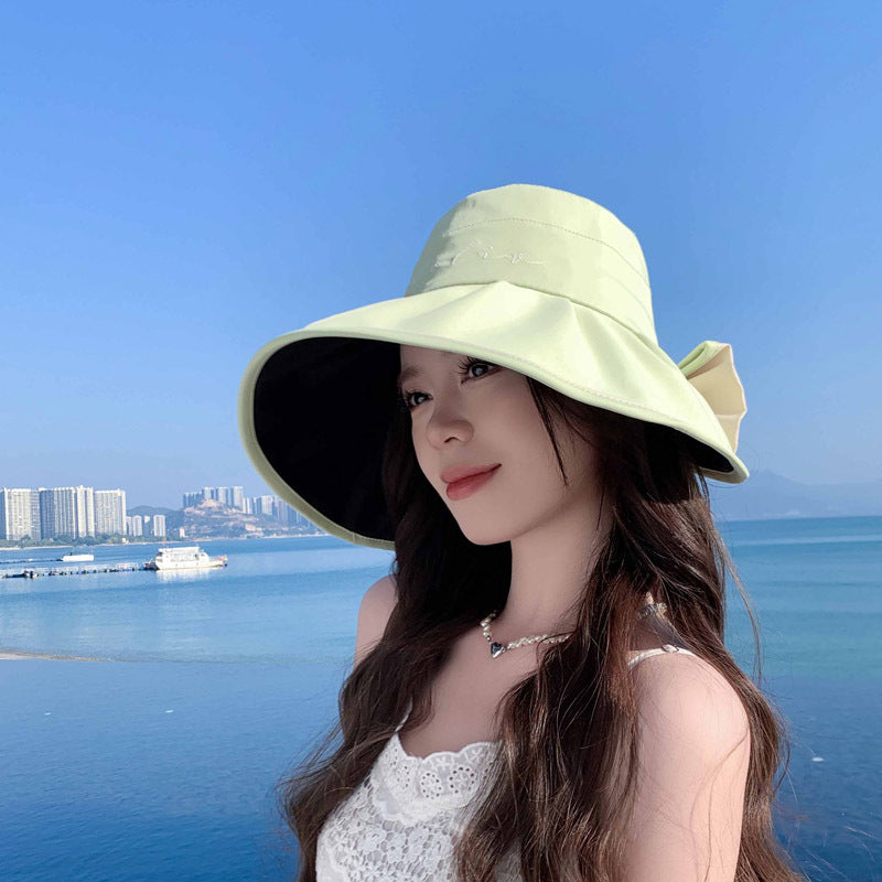 Women's Summer Wide Brim Sun Hat - Black Rubber Fisherman Hat with Split Bow Detail, Age-Reducing Sunshade for Outdoor Beach & Travel, Fashionable Non-Stretch Design, Beach Hat, Travel Accessory, Elegant Design, Breathable Fabric, Fashionconscious Women