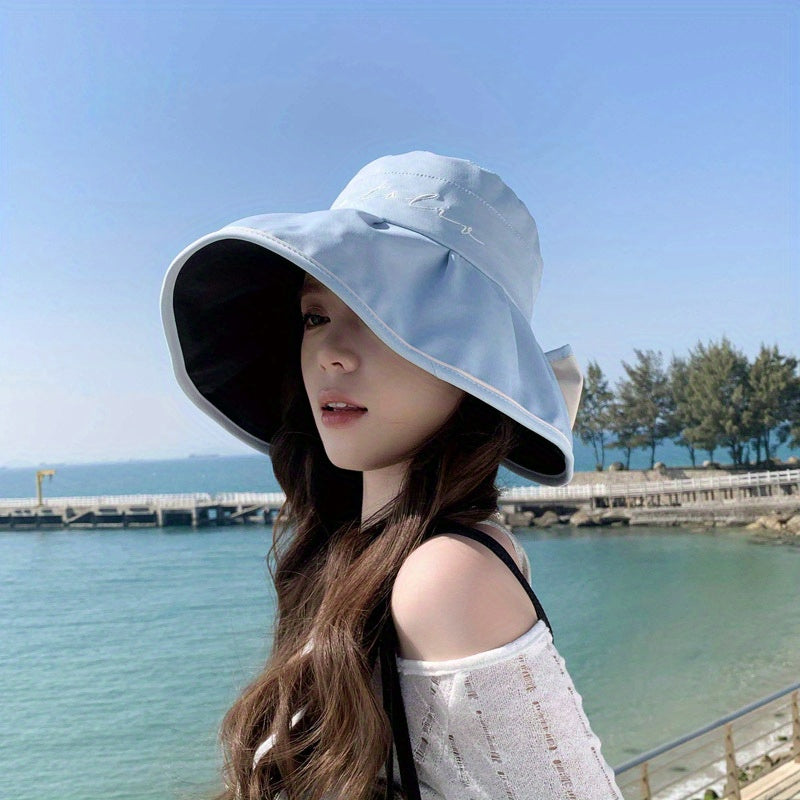 Women's Summer Wide Brim Sun Hat - Black Rubber Fisherman Hat with Split Bow Detail, Age-Reducing Sunshade for Outdoor Beach & Travel, Fashionable Non-Stretch Design, Beach Hat, Travel Accessory, Elegant Design, Breathable Fabric, Fashionconscious Women