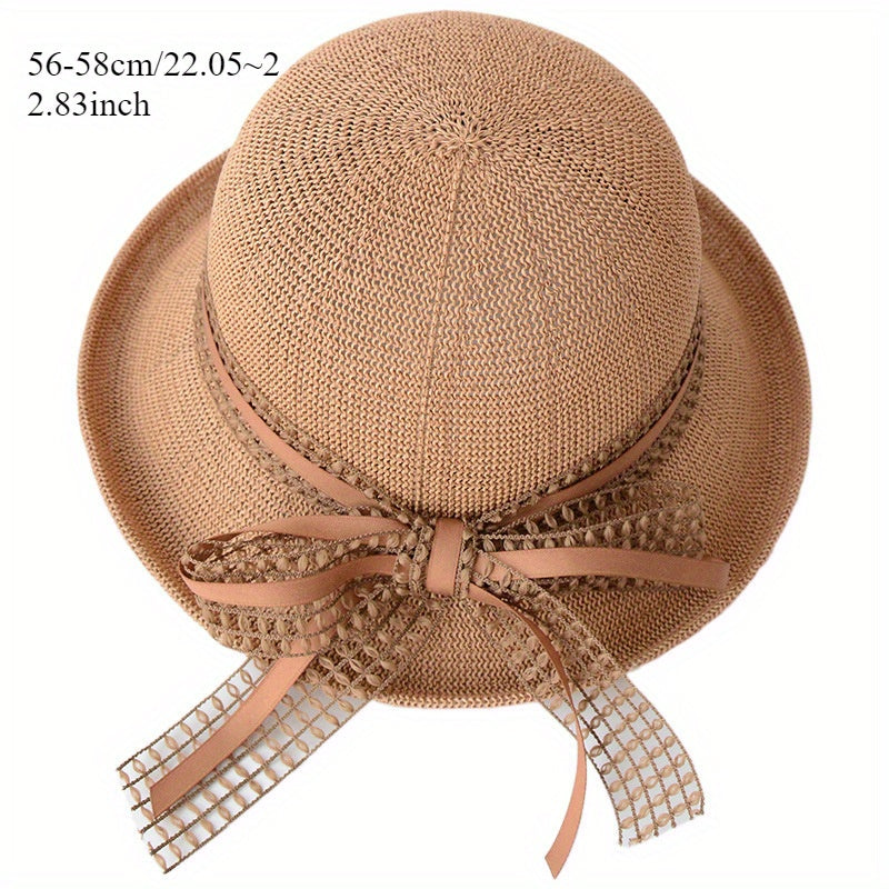 Women's Wide Brim Summer Sun Visor Hat - Breathable Fisherman-Style Straw Hat with Rolled Edge & Brown Ribbon Bow, for Outdoor Travel, Beach, Casual Outings - Elegant Fashionable Design, Beach Hat, Stylish, Construction