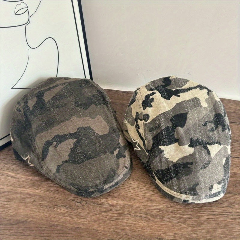 Women's Retro Camouflage Star Artistic Painter Beret Hat - Wide Brim, Breathable Spring Summer Face-Flattering Design, Non-Elastic Casual Outdoor Hat, Cute Ladies Hats, Stylish, Textured Fabric