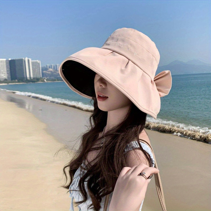 Women's Summer Wide Brim Sun Hat - Black Rubber Fisherman Hat with Split Bow Detail, Age-Reducing Sunshade for Outdoor Beach & Travel, Fashionable Non-Stretch Design, Beach Hat, Travel Accessory, Elegant Design, Breathable Fabric, Fashionconscious Women