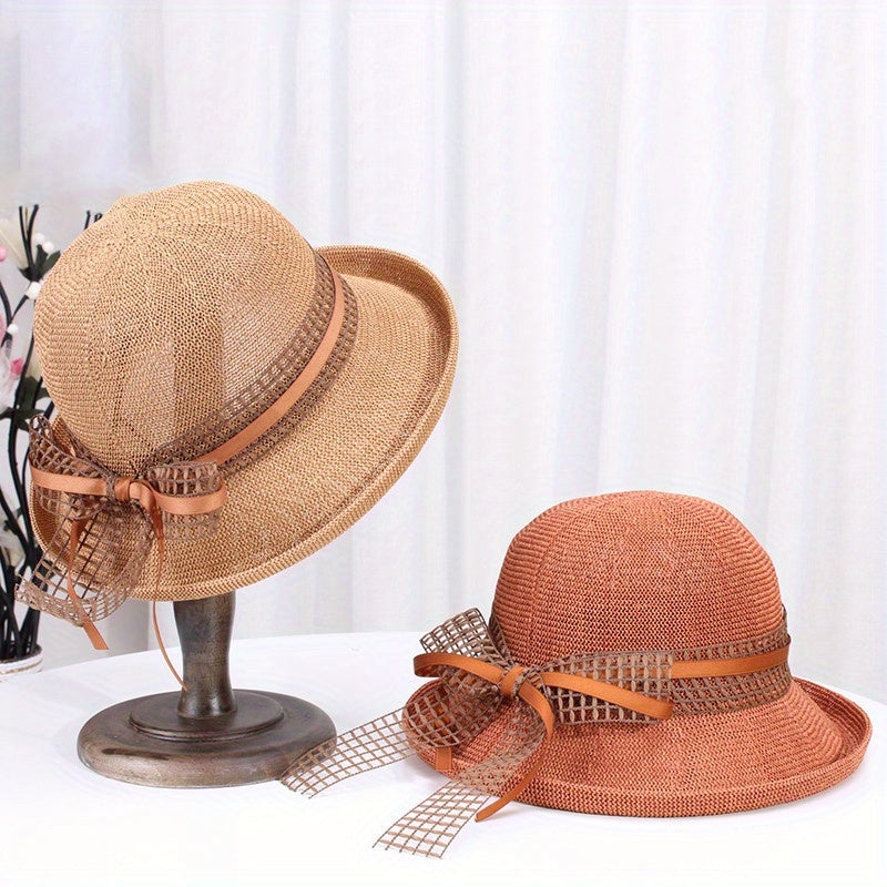Women's Wide Brim Summer Sun Visor Hat - Breathable Fisherman-Style Straw Hat with Rolled Edge & Brown Ribbon Bow, for Outdoor Travel, Beach, Casual Outings - Elegant Fashionable Design, Beach Hat, Stylish, Construction