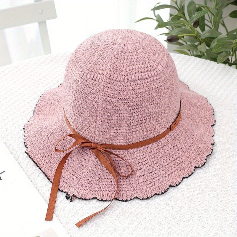 Women's Summer Sun Hat - Wide Brim Fisherman Hat with Design, Foldable & Portable with Sturdy Black Strap & Bow Detail for Beach, Outdoor Activities