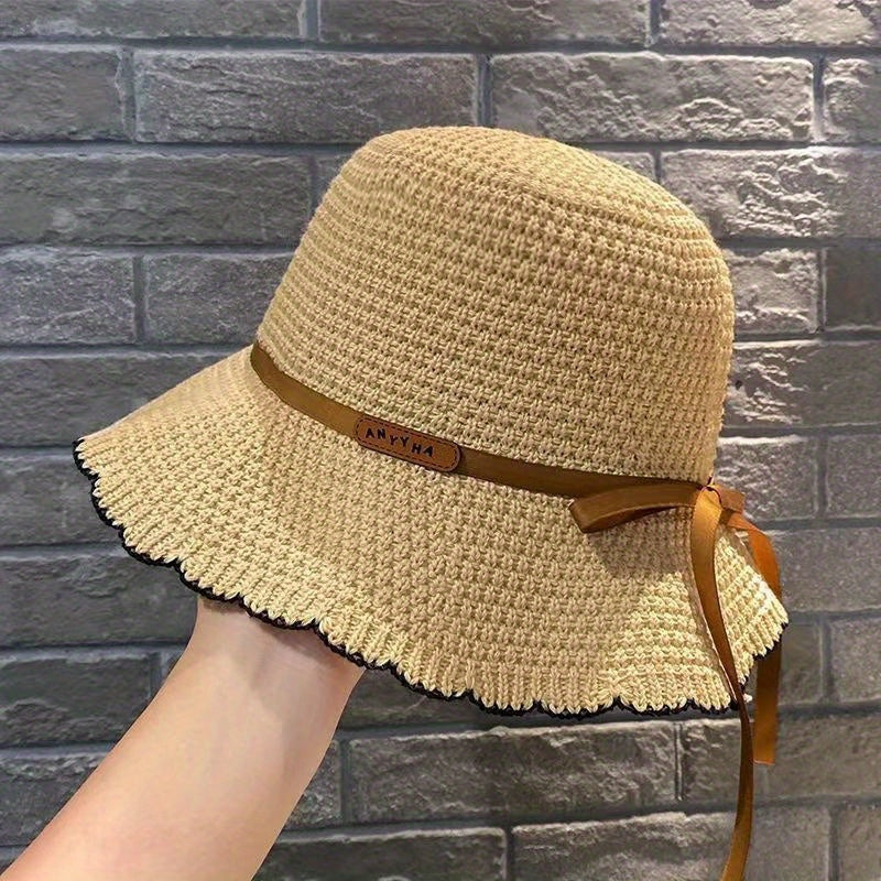 Women's Summer Sun Hat - Wide Brim Fisherman Hat with Design, Foldable & Portable with Sturdy Black Strap & Bow Detail for Beach, Outdoor Activities