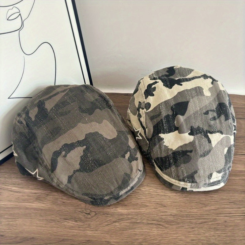 Women's Retro Camouflage Star Artistic Painter Beret Hat - Wide Brim, Breathable Spring Summer Face-Flattering Design, Non-Elastic Casual Outdoor Hat, Cute Ladies Hats, Stylish, Textured Fabric
