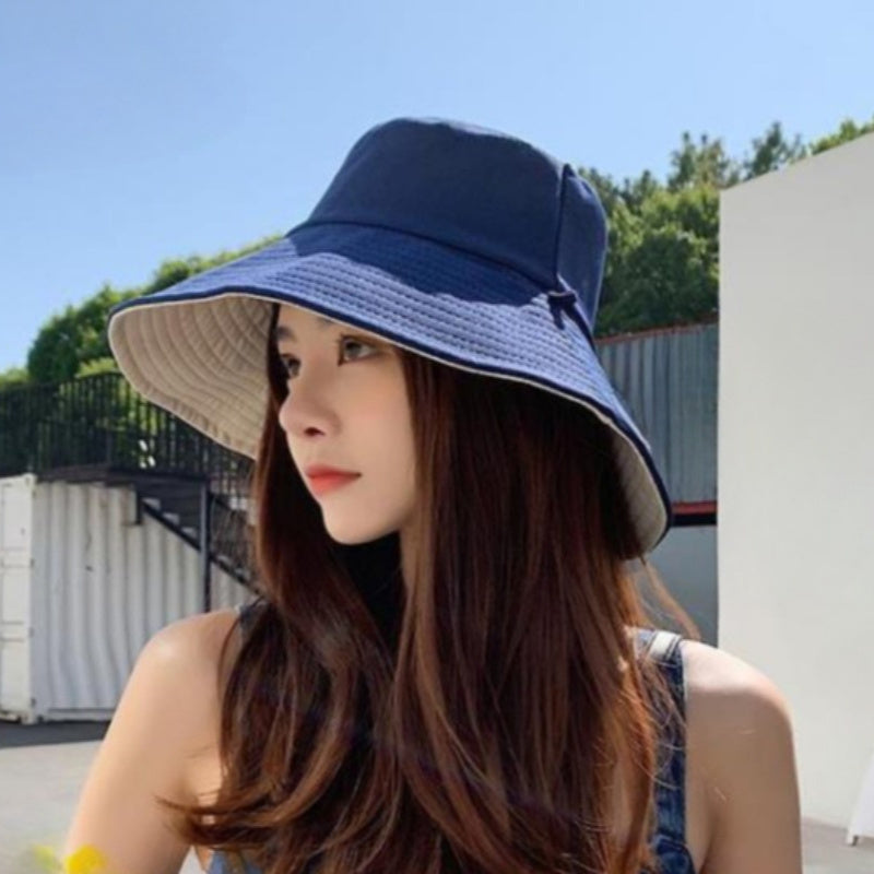 Women's Double-Sided Bucket Hat - Wide Brim, Navy & Beige Two-Tone, Adjustable Chin Strap, Lightweight for Spring\u002FSummer Outdoor Travel & Casual Outings, Hat for, Spring Fashion Accessory, Twotone Design, Comfortable Fit, Summer Fashion Lovers