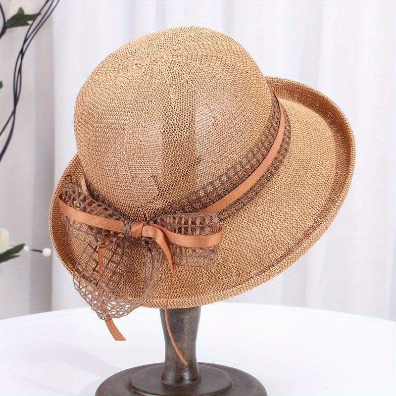 Women's Wide Brim Summer Sun Visor Hat - Breathable Fisherman-Style Straw Hat with Rolled Edge & Brown Ribbon Bow, for Outdoor Travel, Beach, Casual Outings - Elegant Fashionable Design, Beach Hat, Stylish, Construction