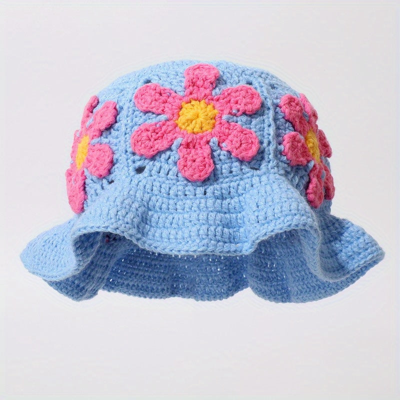Women'S Retro Hollowed-Out Flower Basin Hat - Hand Bucket Hat with Colorful Embroidery, Jacquard Weave for Beach & Outdoor Activities, Beach Hat