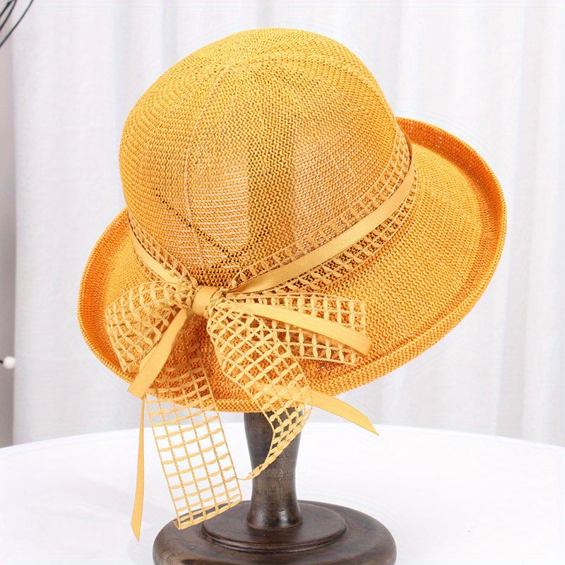 Women's Wide Brim Summer Sun Visor Hat - Breathable Fisherman-Style Straw Hat with Rolled Edge & Brown Ribbon Bow, for Outdoor Travel, Beach, Casual Outings - Elegant Fashionable Design, Beach Hat, Stylish, Construction
