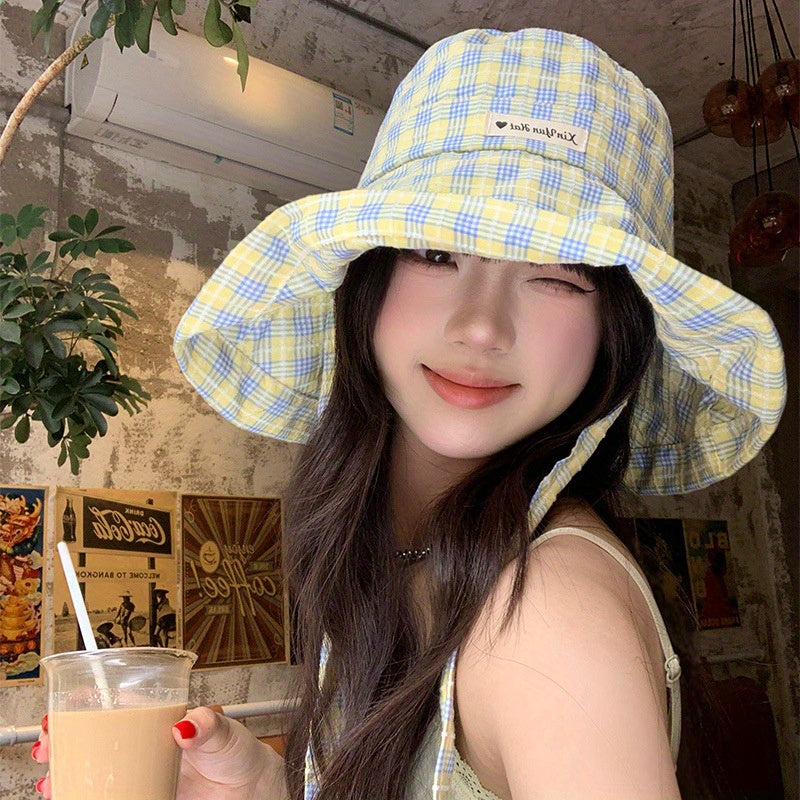 Women'S Wide Brim Sun Hat with UPF Protection - Checkered Pattern, Straw Material, Casual Summer Bucket Hat for Outdoor Activities, Hat