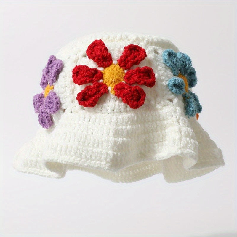 Women'S Retro Hollowed-Out Flower Basin Hat - Hand Bucket Hat with Colorful Embroidery, Jacquard Weave for Beach & Outdoor Activities, Beach Hat