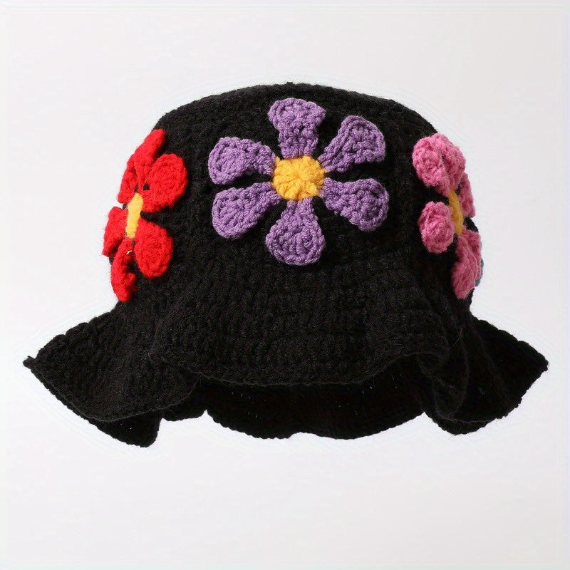 Women'S Retro Hollowed-Out Flower Basin Hat - Hand Bucket Hat with Colorful Embroidery, Jacquard Weave for Beach & Outdoor Activities, Beach Hat