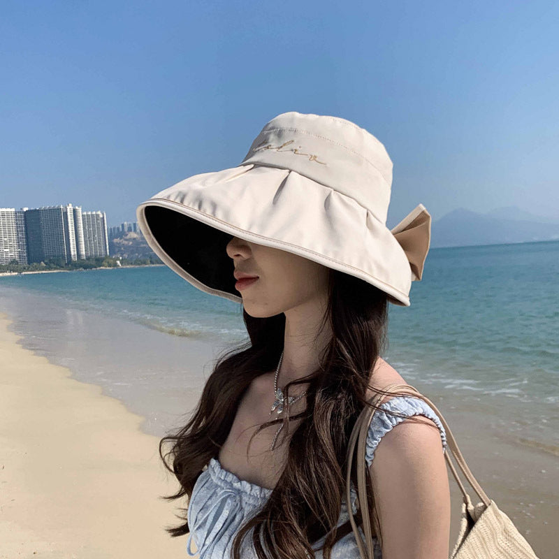 Women's Summer Wide Brim Sun Hat - Black Rubber Fisherman Hat with Split Bow Detail, Age-Reducing Sunshade for Outdoor Beach & Travel, Fashionable Non-Stretch Design, Beach Hat, Travel Accessory, Elegant Design, Breathable Fabric, Fashionconscious Women