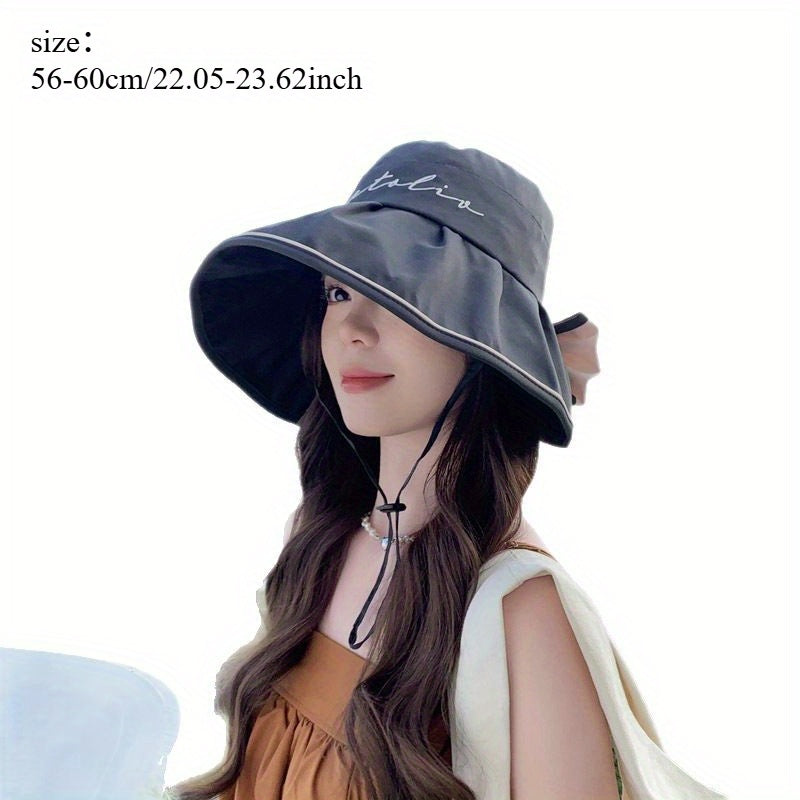 Women's Summer Wide Brim Sun Hat - Black Rubber Fisherman Hat with Split Bow Detail, Age-Reducing Sunshade for Outdoor Beach & Travel, Fashionable Non-Stretch Design, Beach Hat, Travel Accessory, Elegant Design, Breathable Fabric, Fashionconscious Women