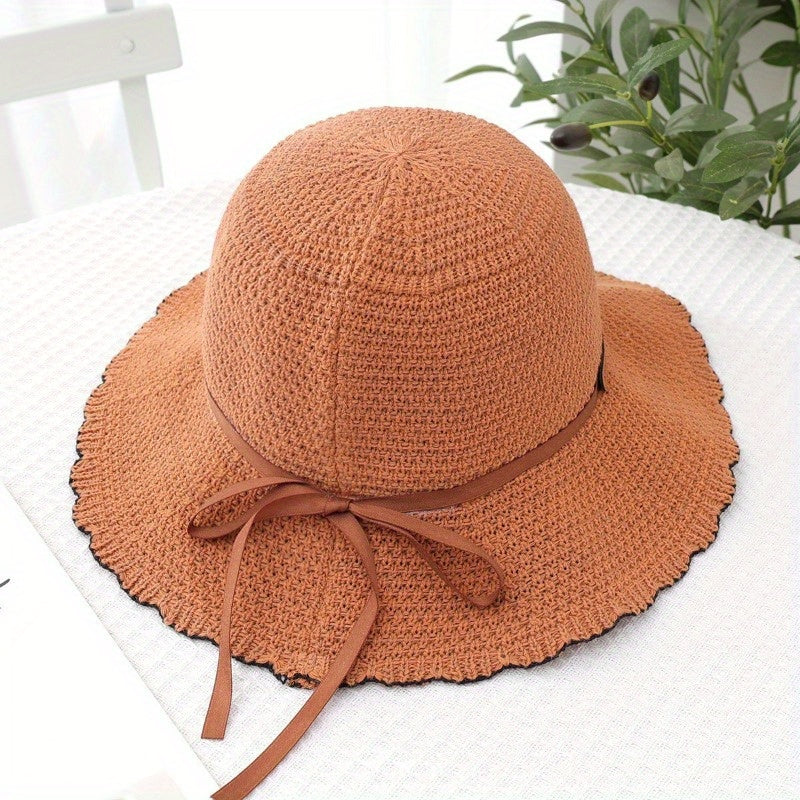 Women's Summer Sun Hat - Wide Brim Fisherman Hat with Design, Foldable & Portable with Sturdy Black Strap & Bow Detail for Beach, Outdoor Activities