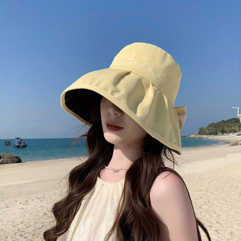 Women's Summer Wide Brim Sun Hat - Black Rubber Fisherman Hat with Split Bow Detail, Age-Reducing Sunshade for Outdoor Beach & Travel, Fashionable Non-Stretch Design, Beach Hat, Travel Accessory, Elegant Design, Breathable Fabric, Fashionconscious Women