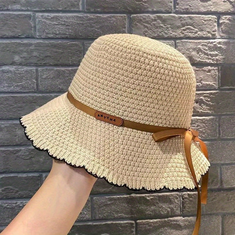 Women's Summer Sun Hat - Wide Brim Fisherman Hat with Design, Foldable & Portable with Sturdy Black Strap & Bow Detail for Beach, Outdoor Activities