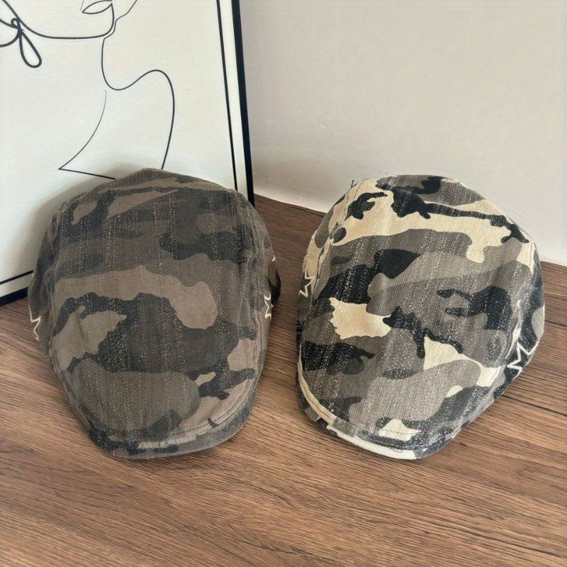 Women's Retro Camouflage Star Artistic Painter Beret Hat - Wide Brim, Breathable Spring Summer Face-Flattering Design, Non-Elastic Casual Outdoor Hat, Cute Ladies Hats, Stylish, Textured Fabric