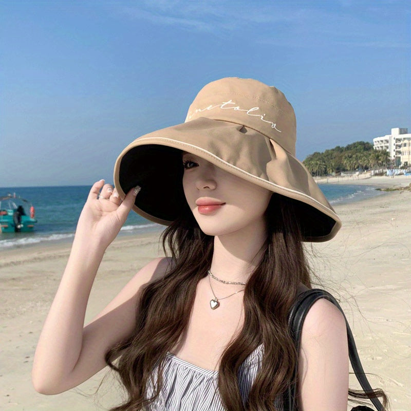 Women's Summer Wide Brim Sun Hat - Black Rubber Fisherman Hat with Split Bow Detail, Age-Reducing Sunshade for Outdoor Beach & Travel, Fashionable Non-Stretch Design, Beach Hat, Travel Accessory, Elegant Design, Breathable Fabric, Fashionconscious Women