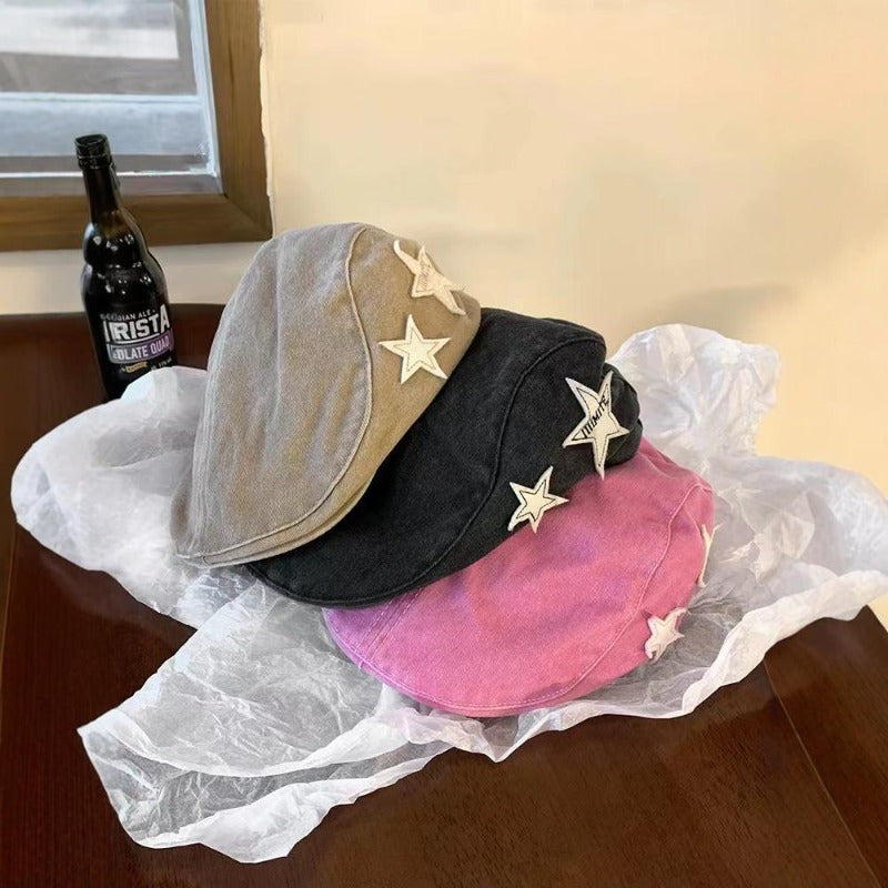 Women's Vintage Beret Hat - Soft Pink with Star Decorations, Non-Stretch beret, Winter Hat for Everyday & Formal Outfits - Chic Painter's Cap for Women, Casual, Stars, Structured Headwear