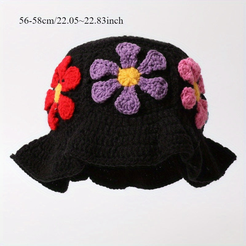 Women'S Retro Hollowed-Out Flower Basin Hat - Hand Bucket Hat with Colorful Embroidery, Jacquard Weave for Beach & Outdoor Activities, Beach Hat