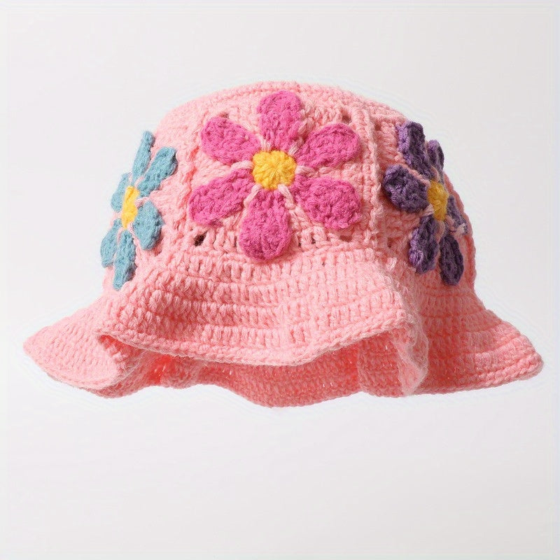 Women'S Retro Hollowed-Out Flower Basin Hat - Hand Bucket Hat with Colorful Embroidery, Jacquard Weave for Beach & Outdoor Activities, Beach Hat