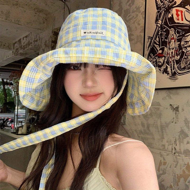 Women'S Wide Brim Sun Hat with UPF Protection - Checkered Pattern, Straw Material, Casual Summer Bucket Hat for Outdoor Activities, Hat