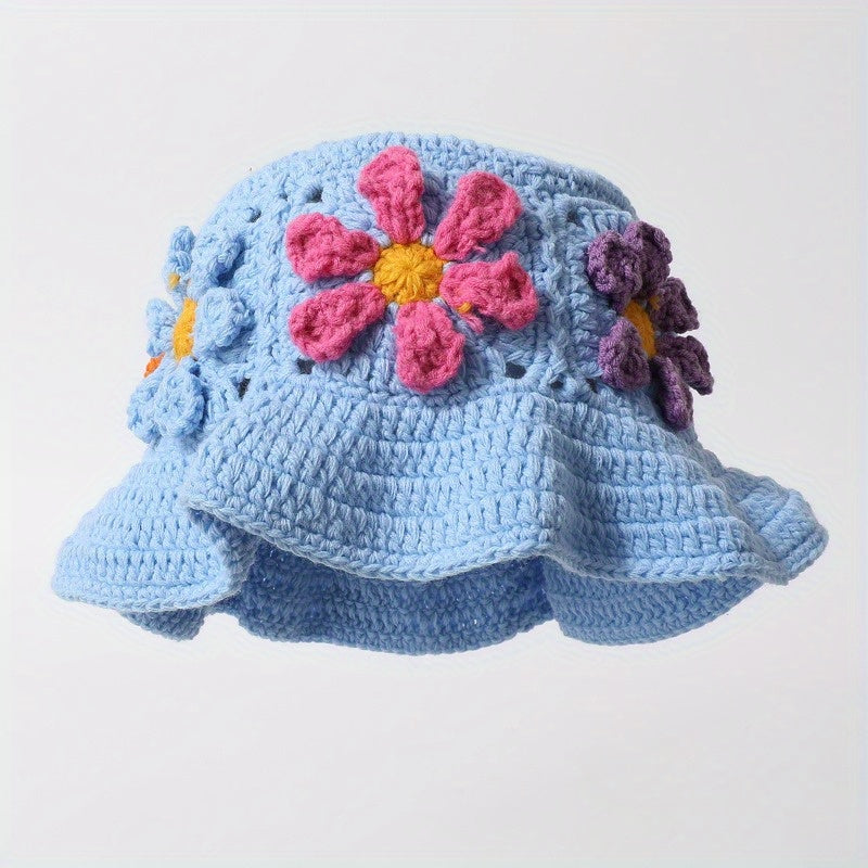 Women'S Retro Hollowed-Out Flower Basin Hat - Hand Bucket Hat with Colorful Embroidery, Jacquard Weave for Beach & Outdoor Activities, Beach Hat