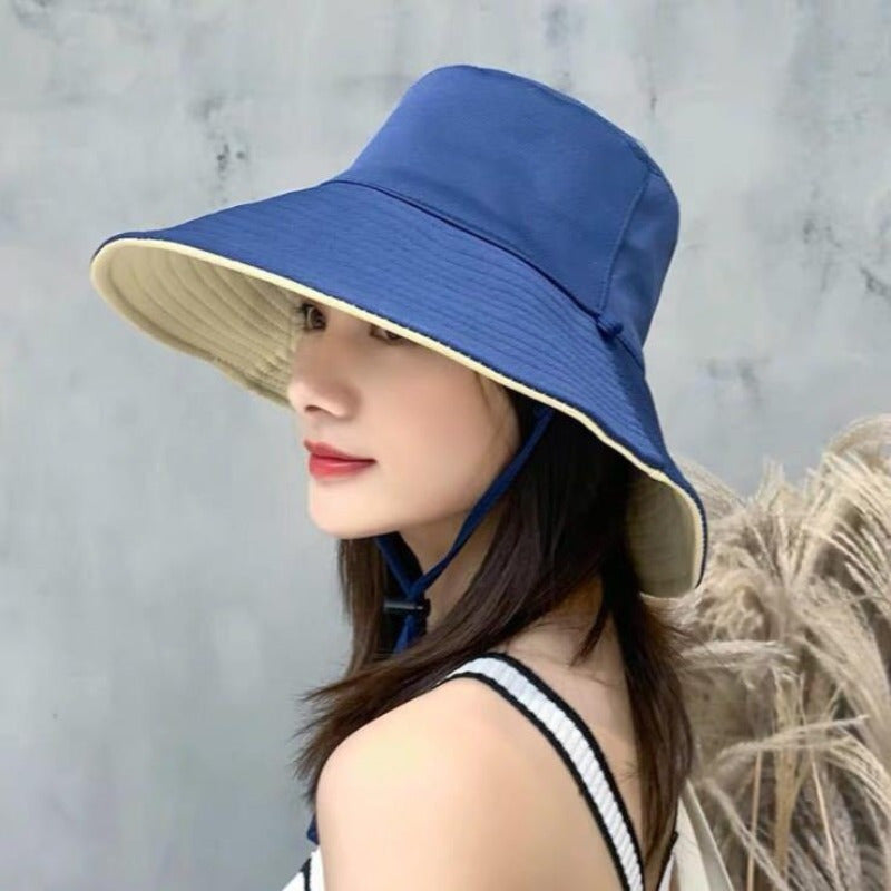 Women's Double-Sided Bucket Hat - Wide Brim, Navy & Beige Two-Tone, Adjustable Chin Strap, Lightweight for Spring\u002FSummer Outdoor Travel & Casual Outings, Hat for, Spring Fashion Accessory, Twotone Design, Comfortable Fit, Summer Fashion Lovers